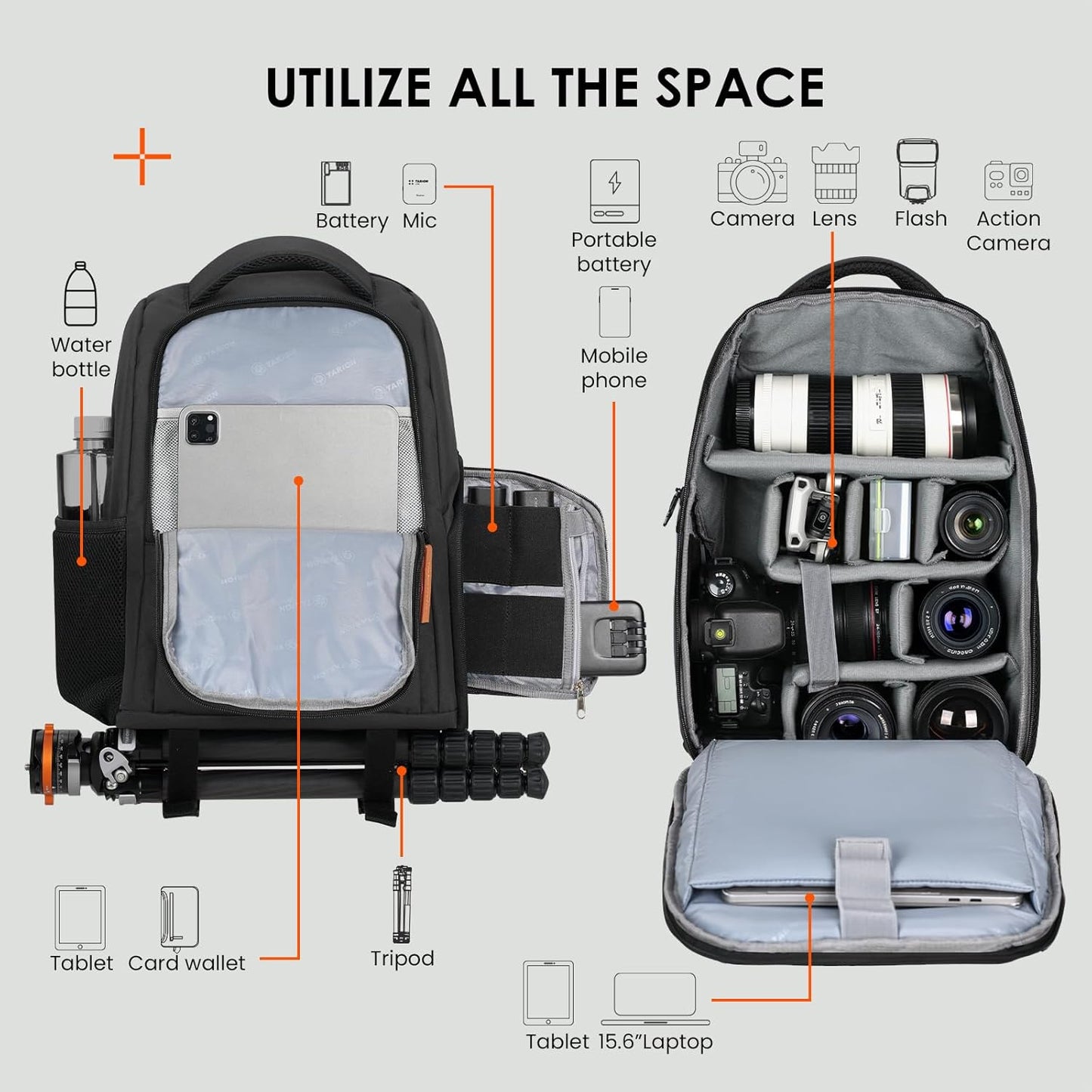 15L Camera Backpacks for Photographers - Waterproof Camera Bag Photography Backpack with 15.6" Laptop Compartment Rain Cover Side Access Tripod Holder(Tb04 Black)
