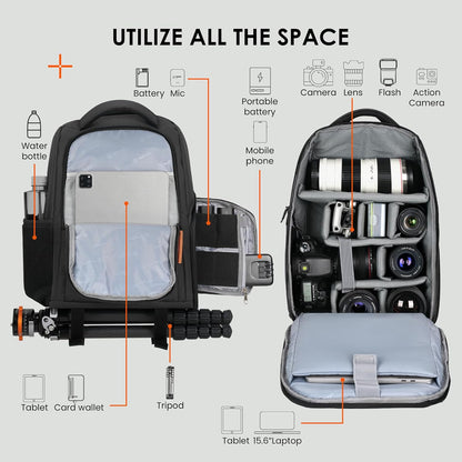 15L Camera Backpacks for Photographers - Waterproof Camera Bag Photography Backpack with 15.6" Laptop Compartment Rain Cover Side Access Tripod Holder(Tb04 Black)