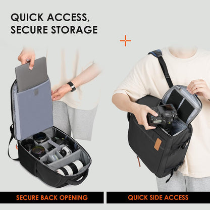 15L Camera Backpacks for Photographers - Waterproof Camera Bag Photography Backpack with 15.6" Laptop Compartment Rain Cover Side Access Tripod Holder(Tb04 Black)